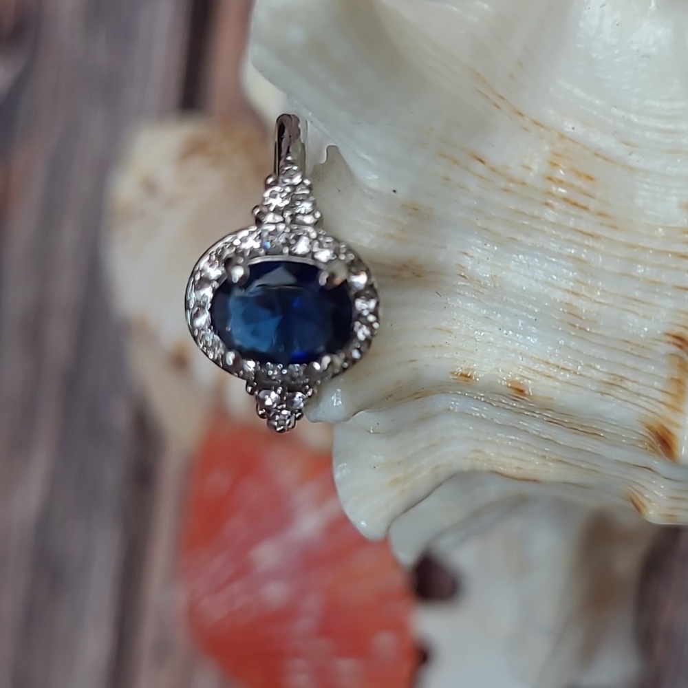 NEW SILVER CREATED BLUE SAPPHIRE & ZIRCON RING